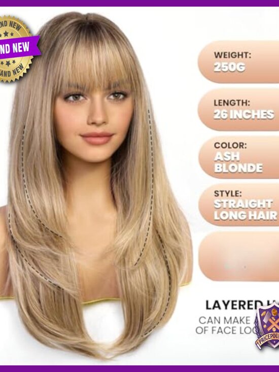 Long Straight Human Hair Wig with Bangs Layered for Cosplay Daily Wear